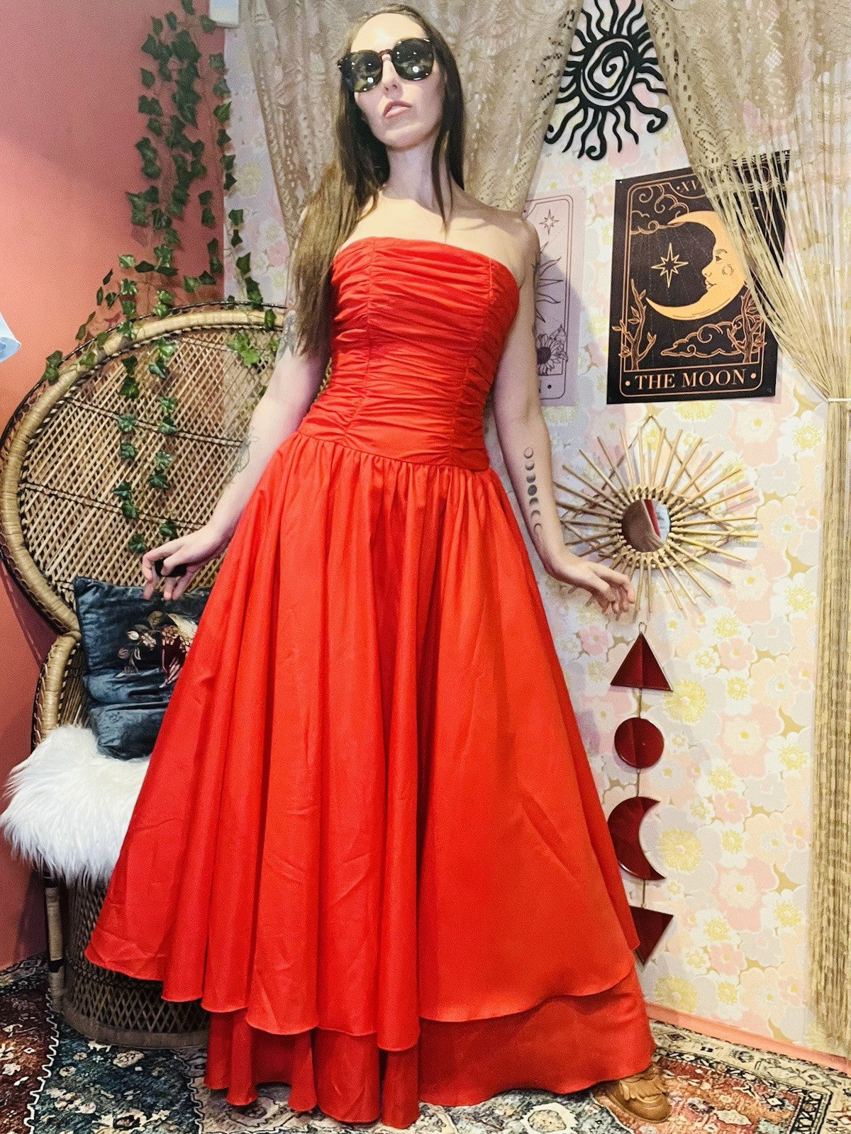 Vintage 1980s Cocktail Dress Size 8 Red Strapless Evening Layered Ball Gown