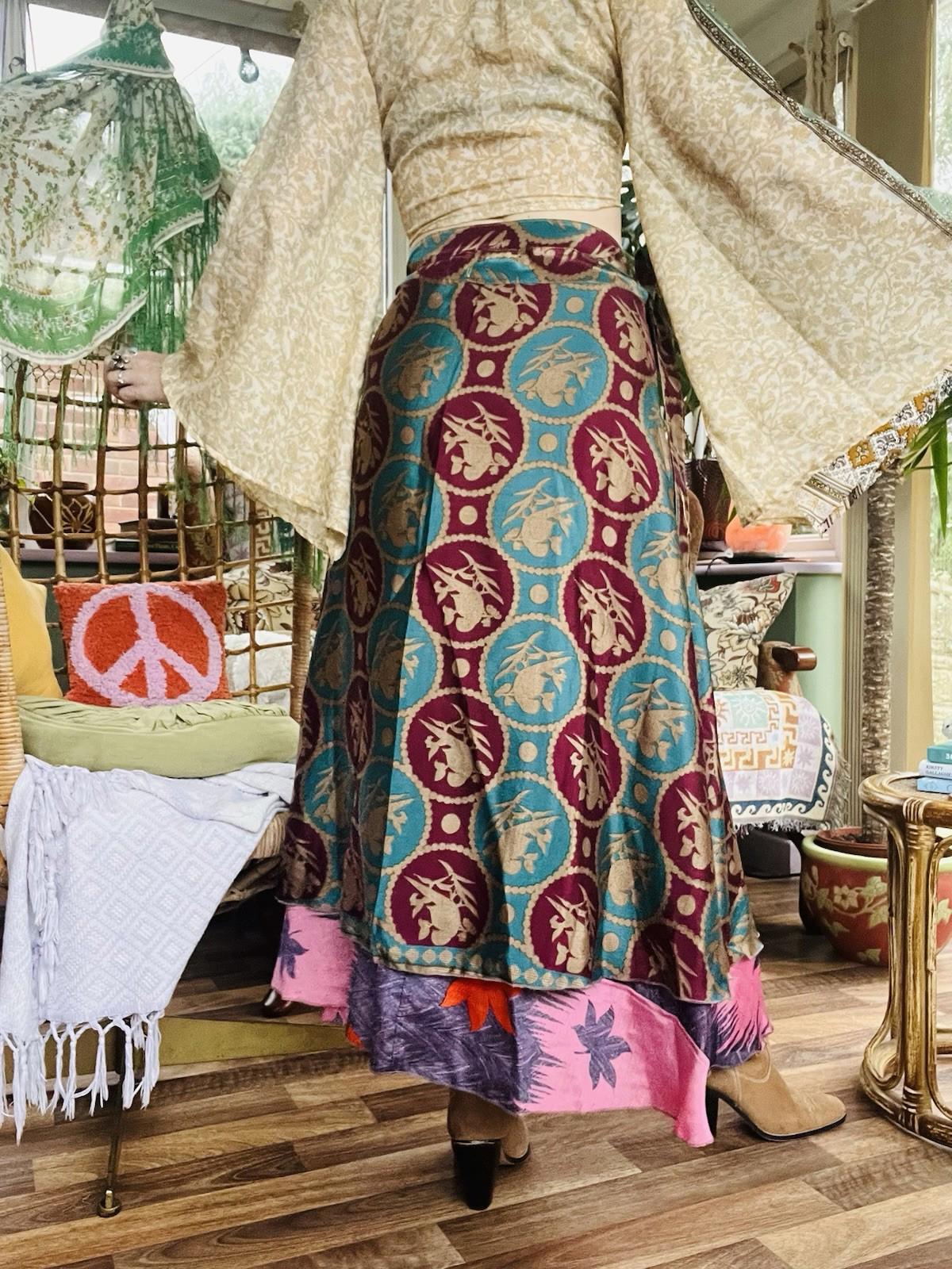 Layered Hippie Maxi Skirt Vintage Sari Silk Hippie Boho Long Gypsy Wrap Skirt