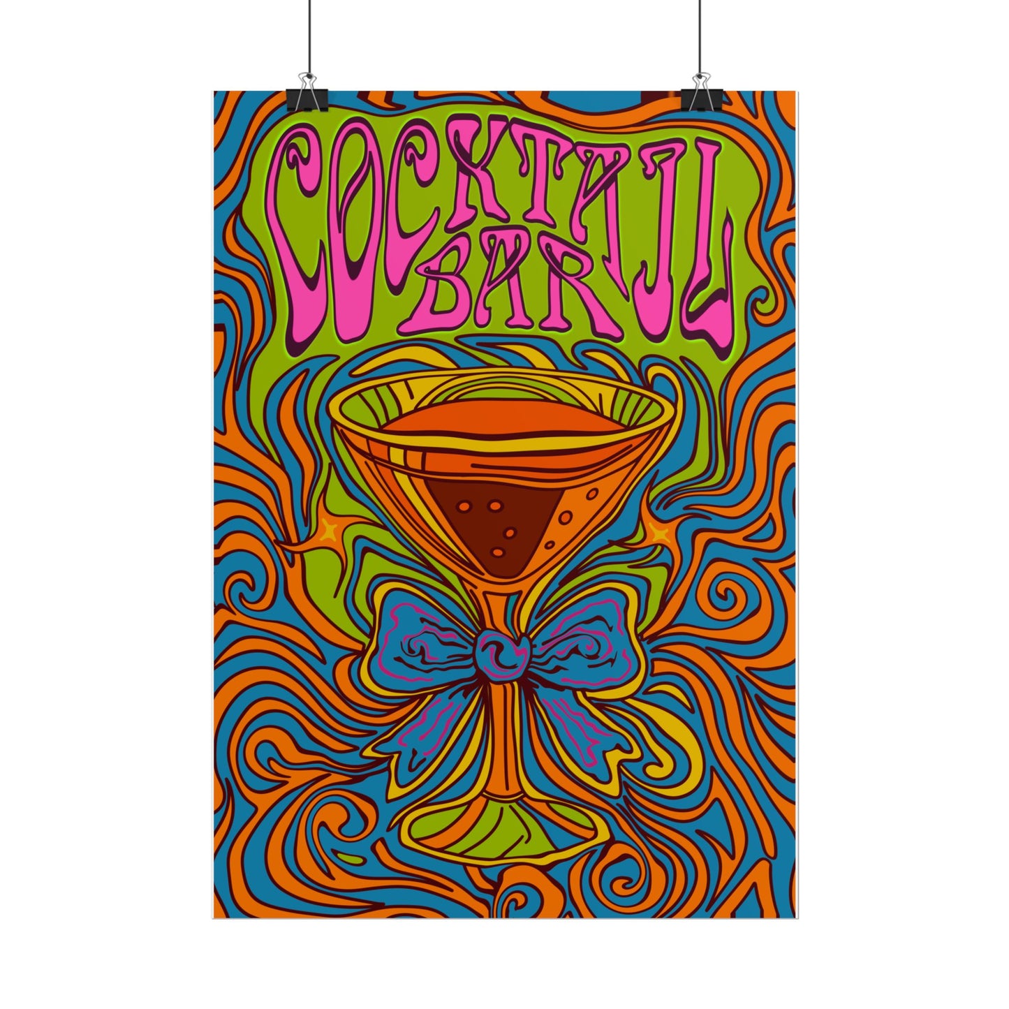 Cocktail Bar Poster, Colourful Retro Prosecco Wall Art, Psychedelic Alcohol Drinking Home Decor Print
