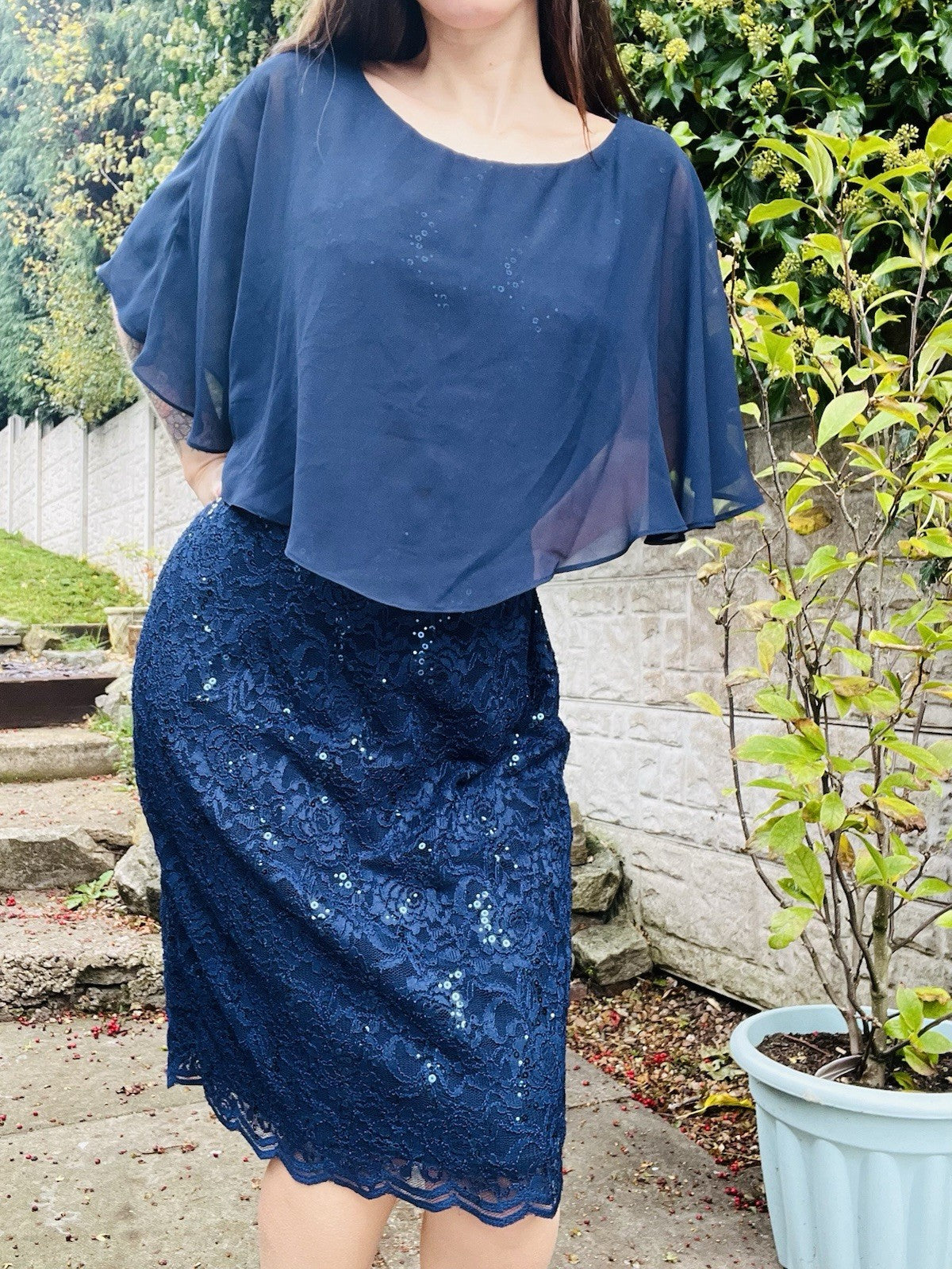 Vintage 1980s Cocktail Dress Blue Size 18 To 20 Retro Lace  80s With Sheer Cape