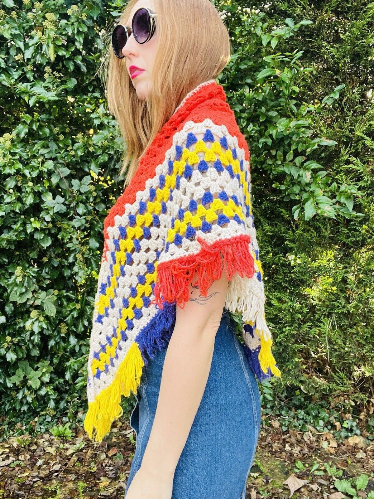 Vintage Knit Crochet Shawl Hippie Boho Triangle Wrap Cape Cottage Whimsy Scarf