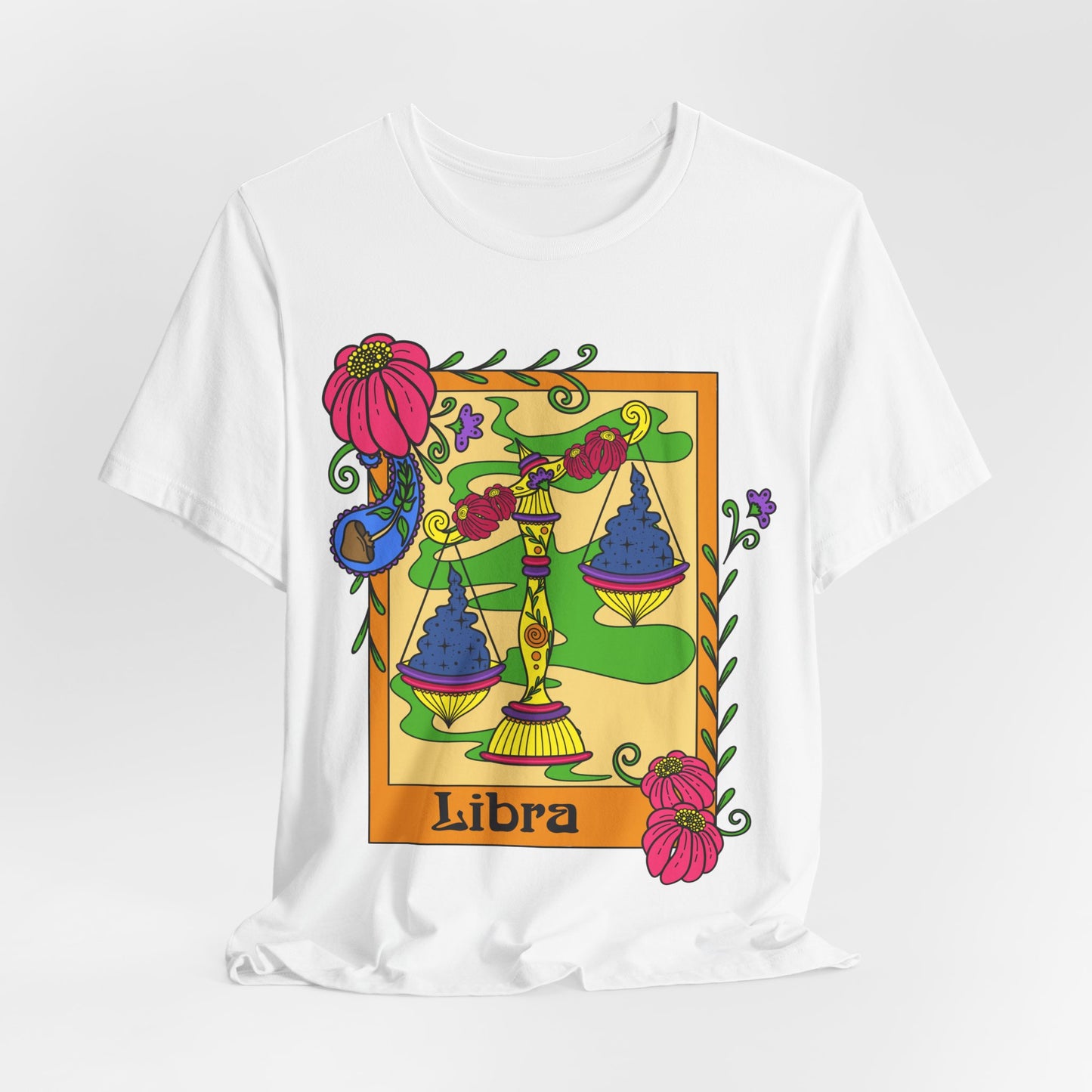 Libra star sign T-Shirt, scales zodiac astrology top, Horoscope birthday gift Tee, Bold retro colourful Design tshirt