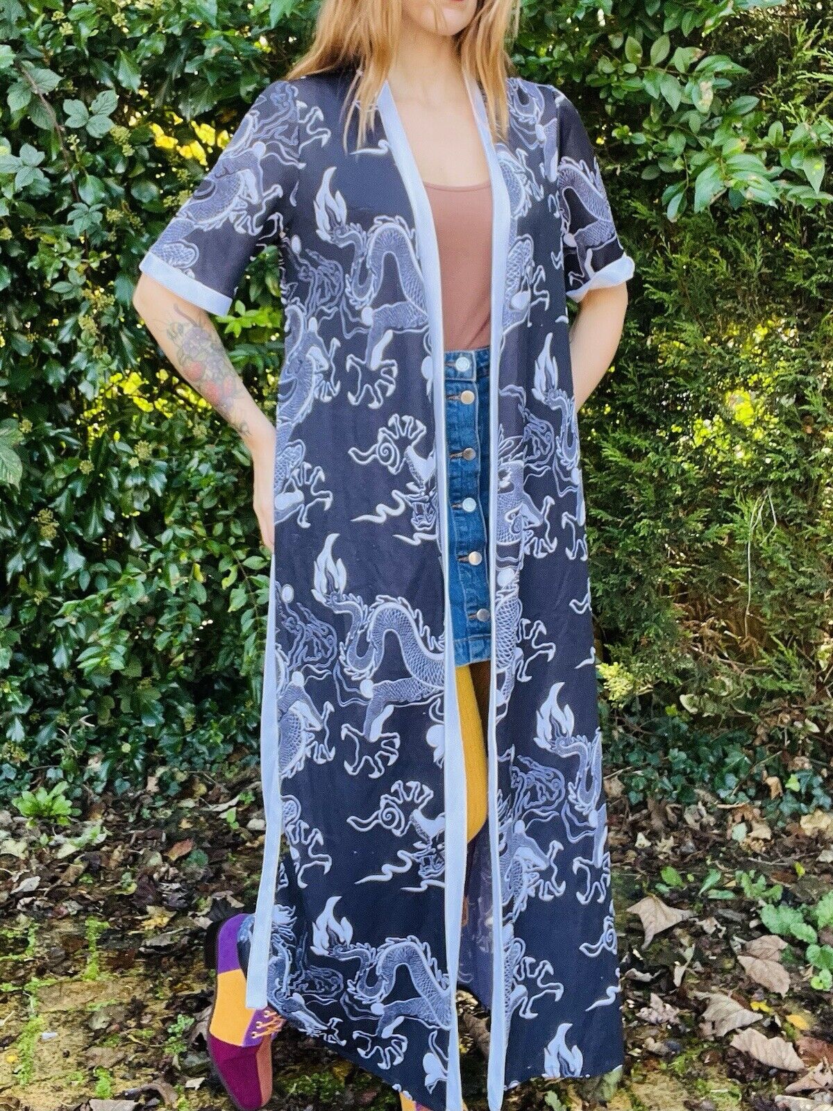 Vintage 70s Oriental Kimono Japanese Robe Dragon Flame Design Dressing Gown 12