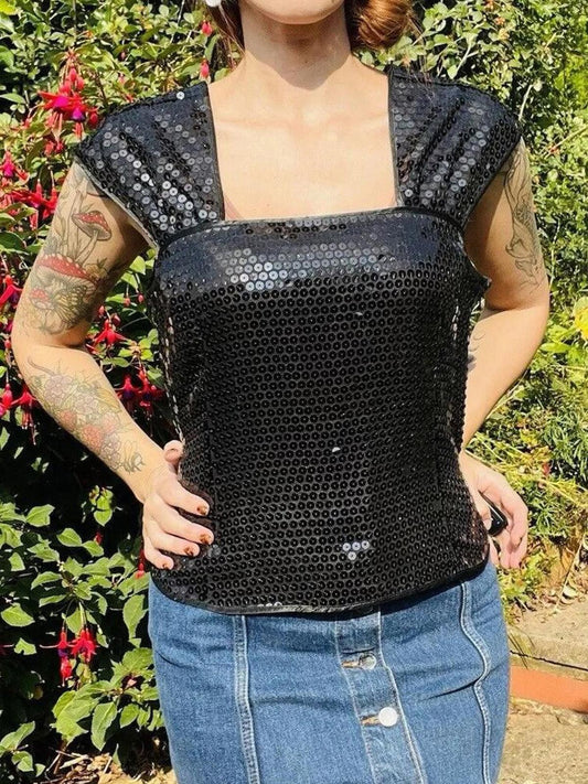 Vintage 1980s Sequin Top 16 Black Sparkly Evening Tank Vest Top Sleeveless Cami