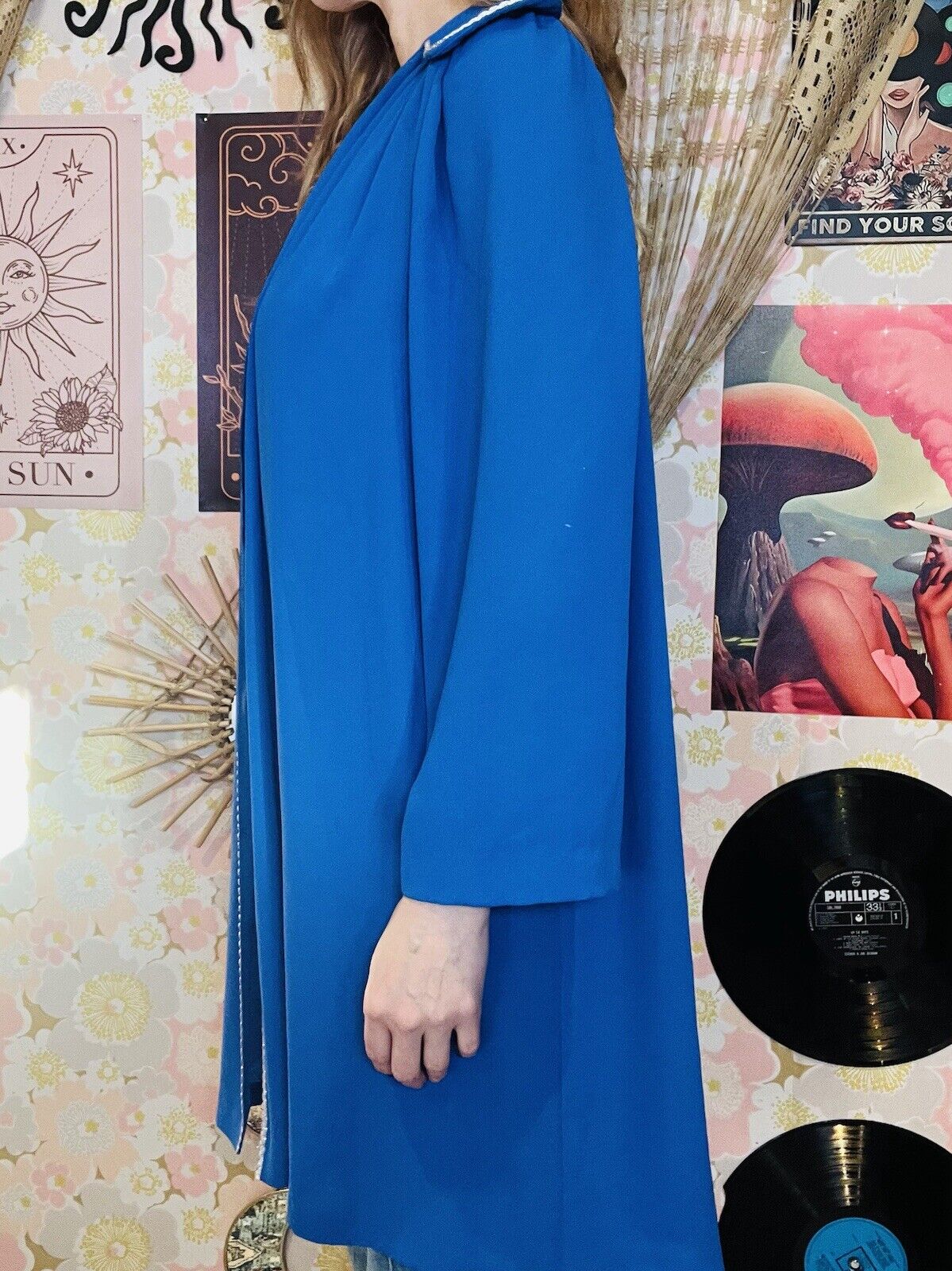 Vintage 1980s Waterfall Jacket Long Oversized Cardigan Blue Silver Trim Size L