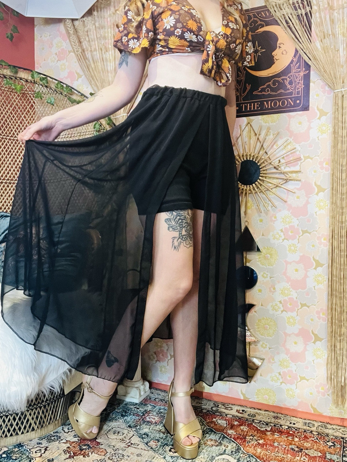 Vintage 1990s Sheer Skirt With Shorts And Slit Elasticated Waist Skort Black S