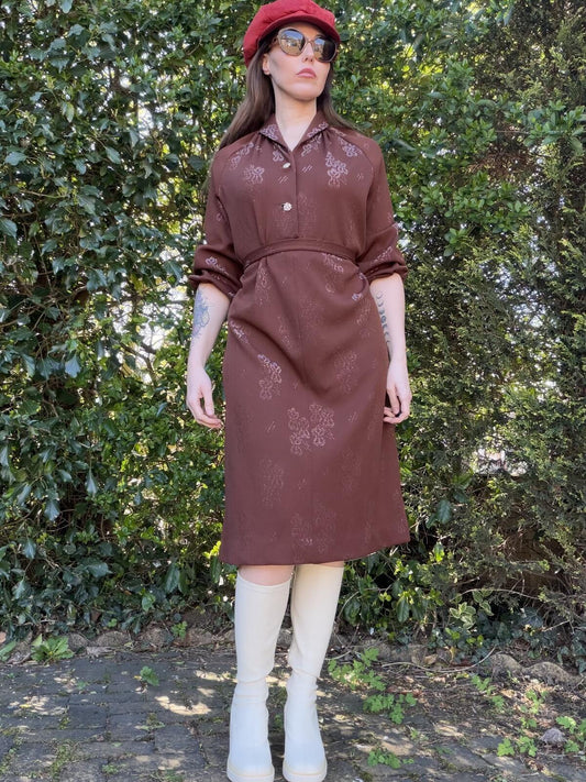 Vintage 1970s Shirt Dress Brown Long Sleeve Midi Work office Dress size 18 to 20