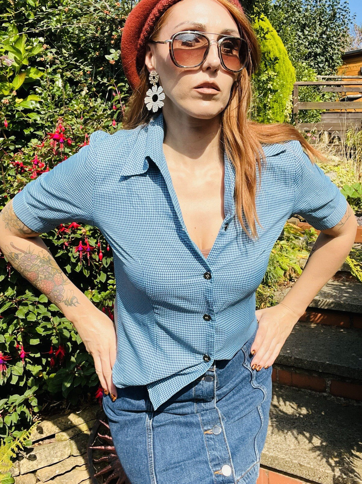 Vintage 1980s Summer Shirt Short Sleeve Dogtooth Houndstooth Blouse Blue Size 10