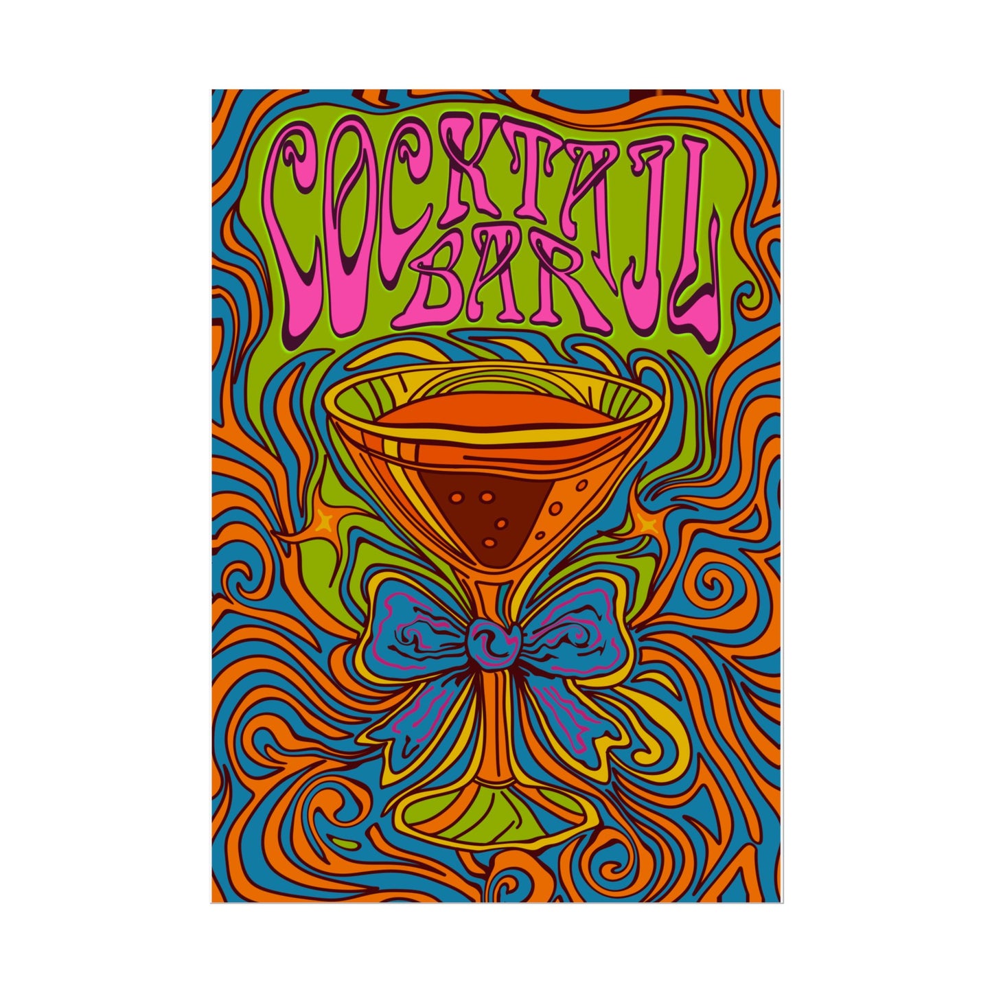 Cocktail Bar Poster, Colourful Retro Prosecco Wall Art, Psychedelic Alcohol Drinking Home Decor Print