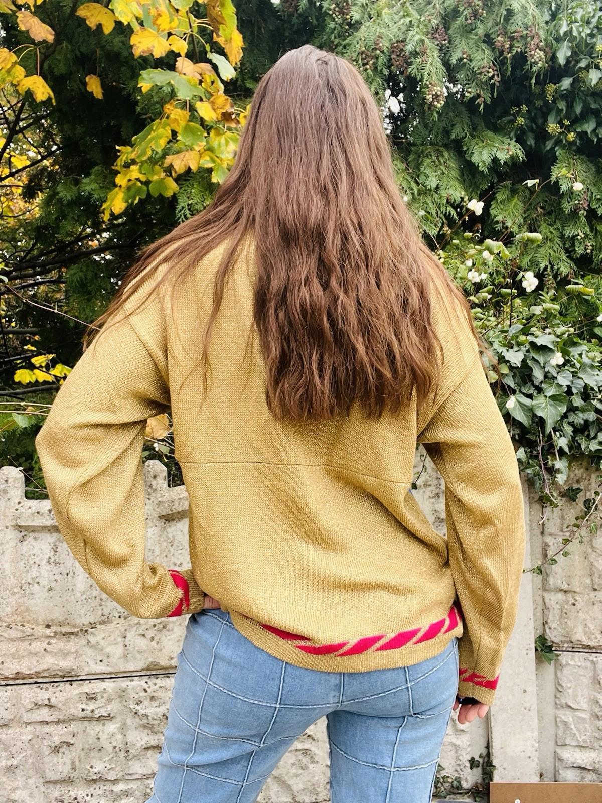 Vintage 1980s Knit Jumper Sparkly Gold Size 14 To 16 Retro 1980s Teddy Sweater