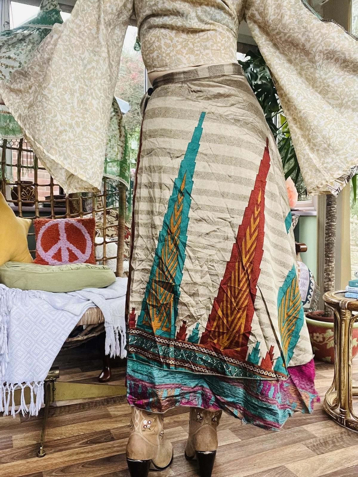Layered Hippie Maxi Skirt Vintage Sari Silk Hippie Boho Long Gypsy Wrap Skirt