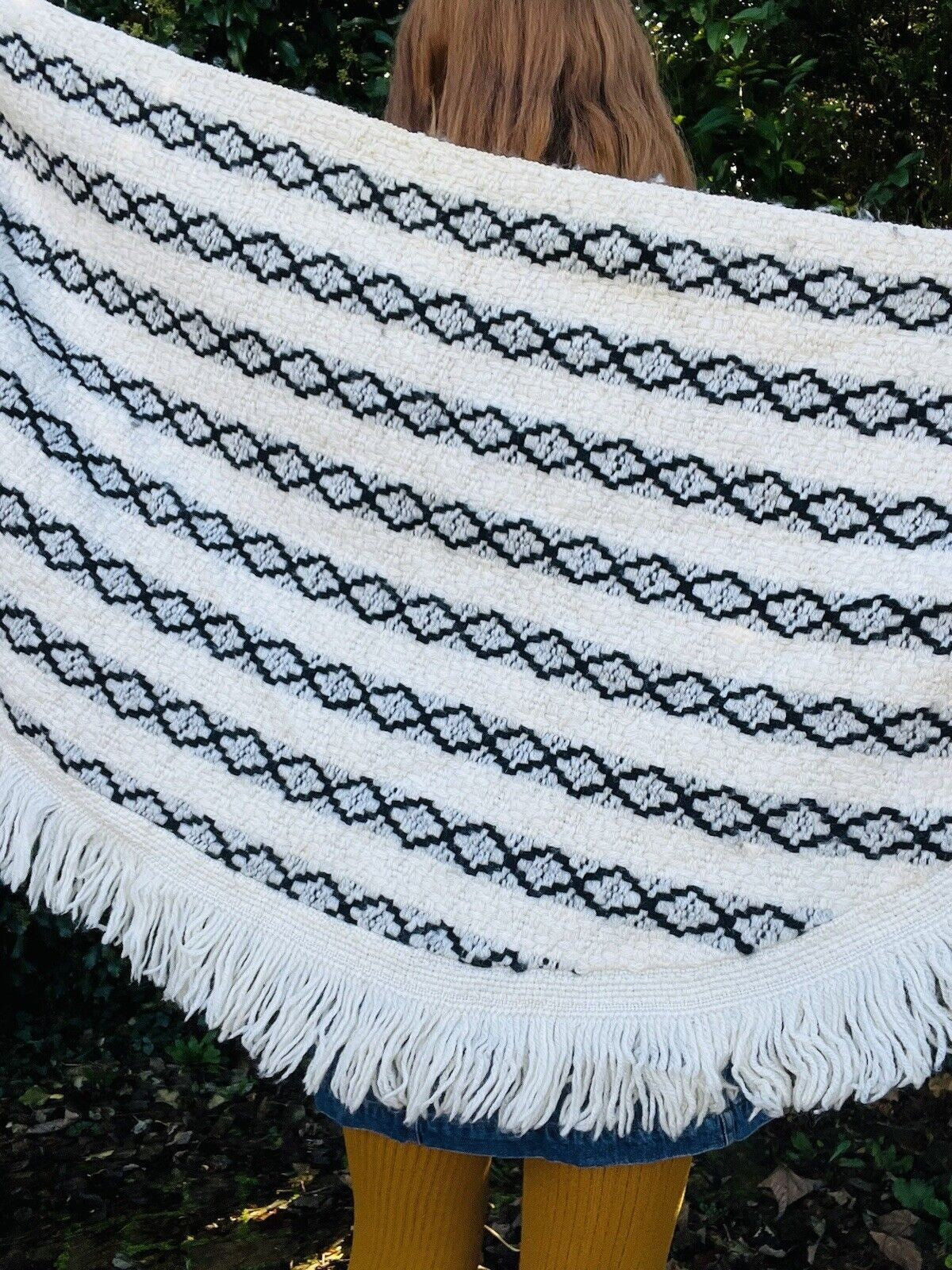 Vintage Knit Crochet Shawl Hippie Boho Triangle Wrap Cape Cottage Whimsy Scarf