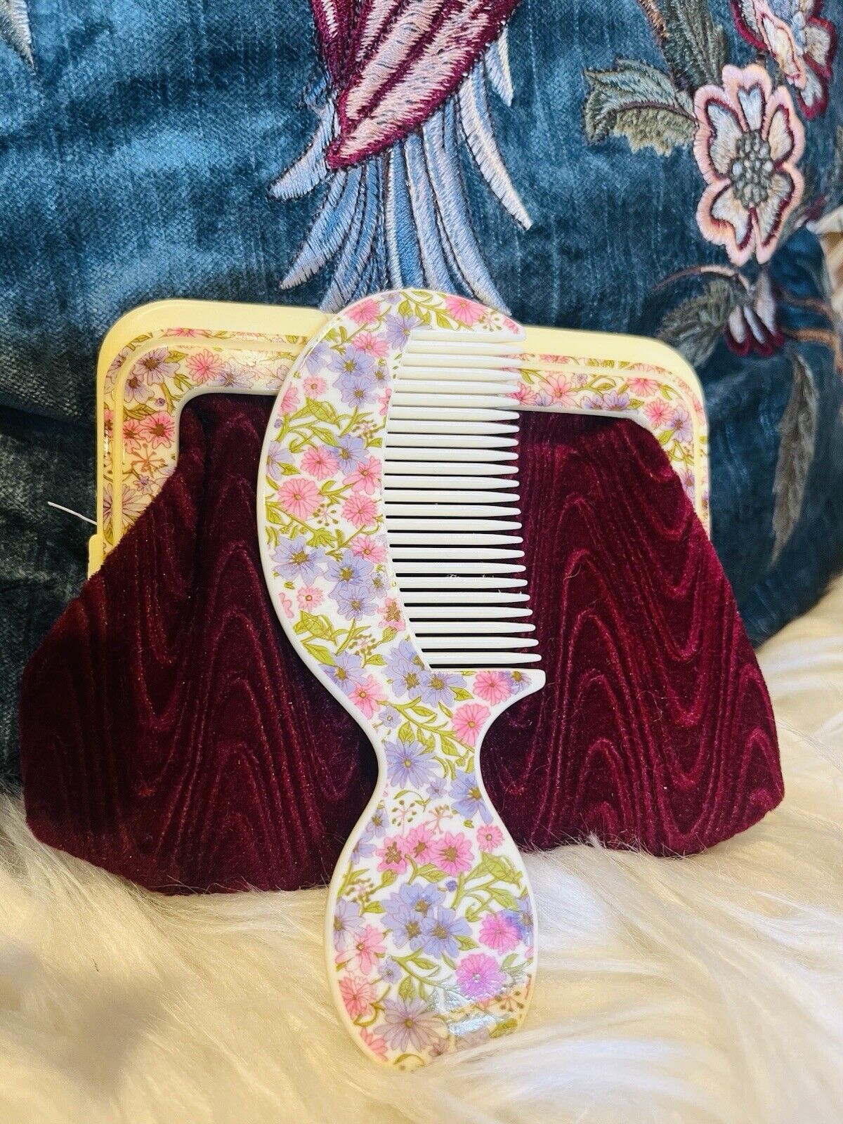 Vintage 1960s Purse And Comb Set Red Velvet With Ditsy Floral Trim Fully Lined