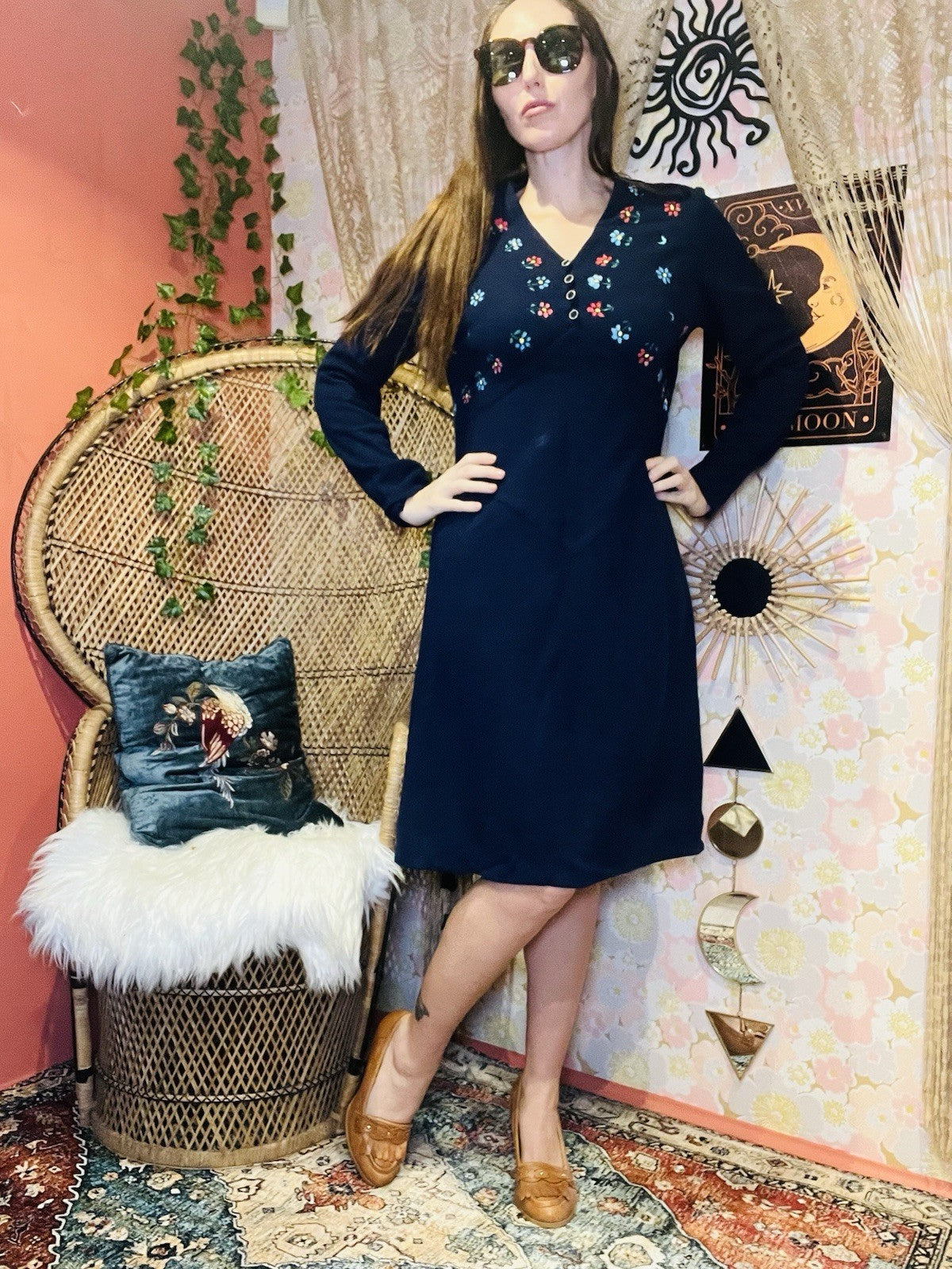 Vintage 1960s Day Dress Blue Size 14 Hippie Boho Had Painted Ditsy Floral Design