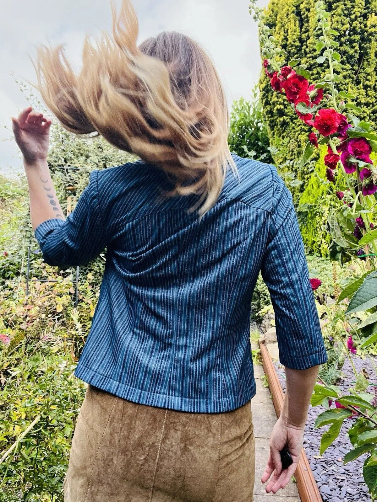 Vintage 60s Striped Blouse 3/4 Sleeve Shirt With Collar Blue Size 10-12