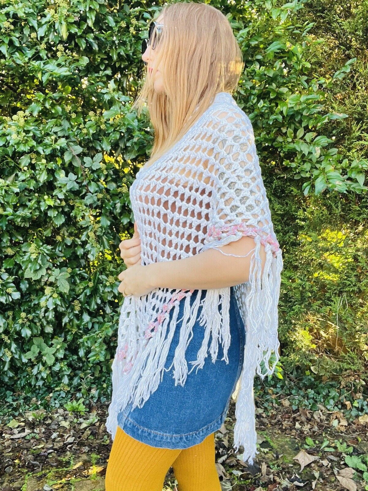 Vintage Knit Crochet Shawl Hippie Boho Triangle Wrap Cape Cottage Whimsy Scarf
