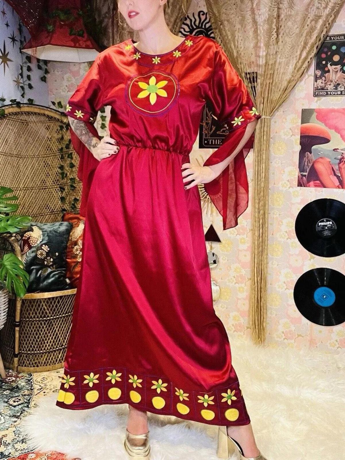 Festival Cosplay Maxi Dress Medieval Wizard Floaty Sleeves Embroidered Red 10
