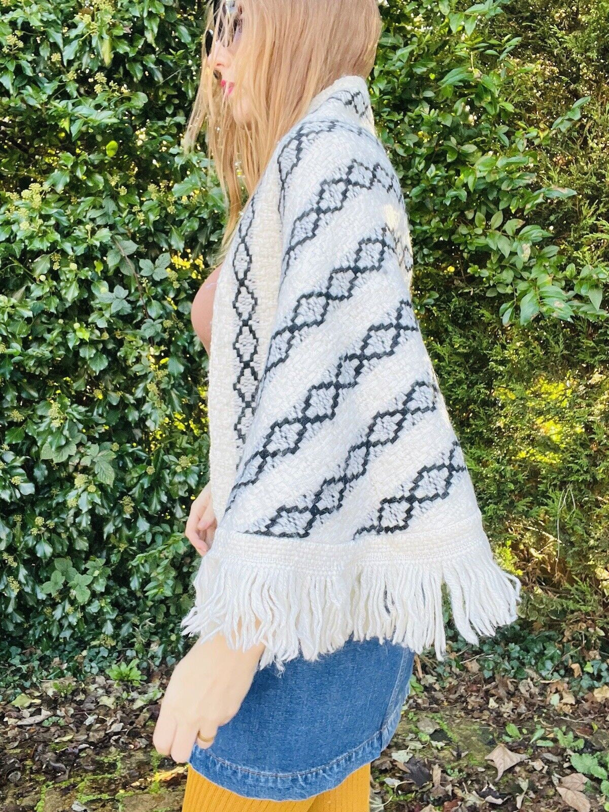 Vintage Knit Crochet Shawl Hippie Boho Triangle Wrap Cape Cottage Whimsy Scarf