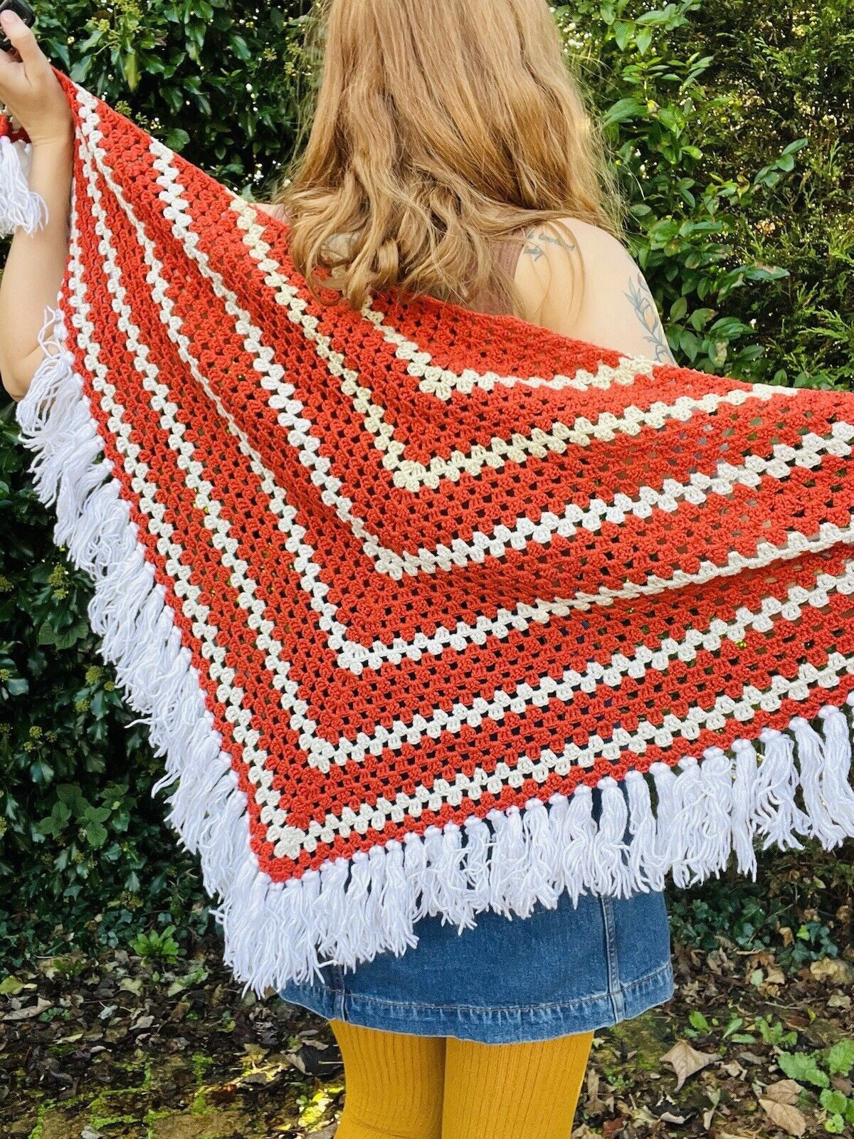 Vintage Knit Crochet Shawl Hippie Boho Triangle Wrap Cape Cottage Whimsy Scarf