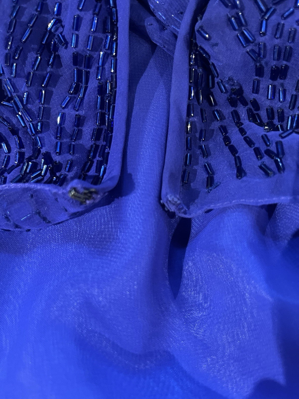 Vintage 80s Cocktail Dress Blue Size 12 Embellished Beaded Sheer Long Sleeves