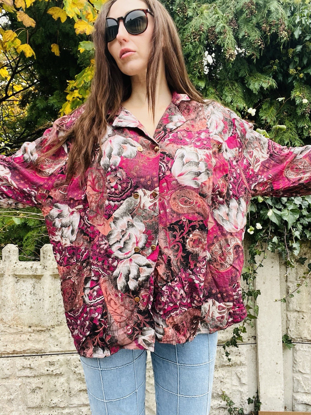 Vintage 80s Oversized Shirt Size 14 16 Red 1980s Retro Bagggy Blouse Floral Top