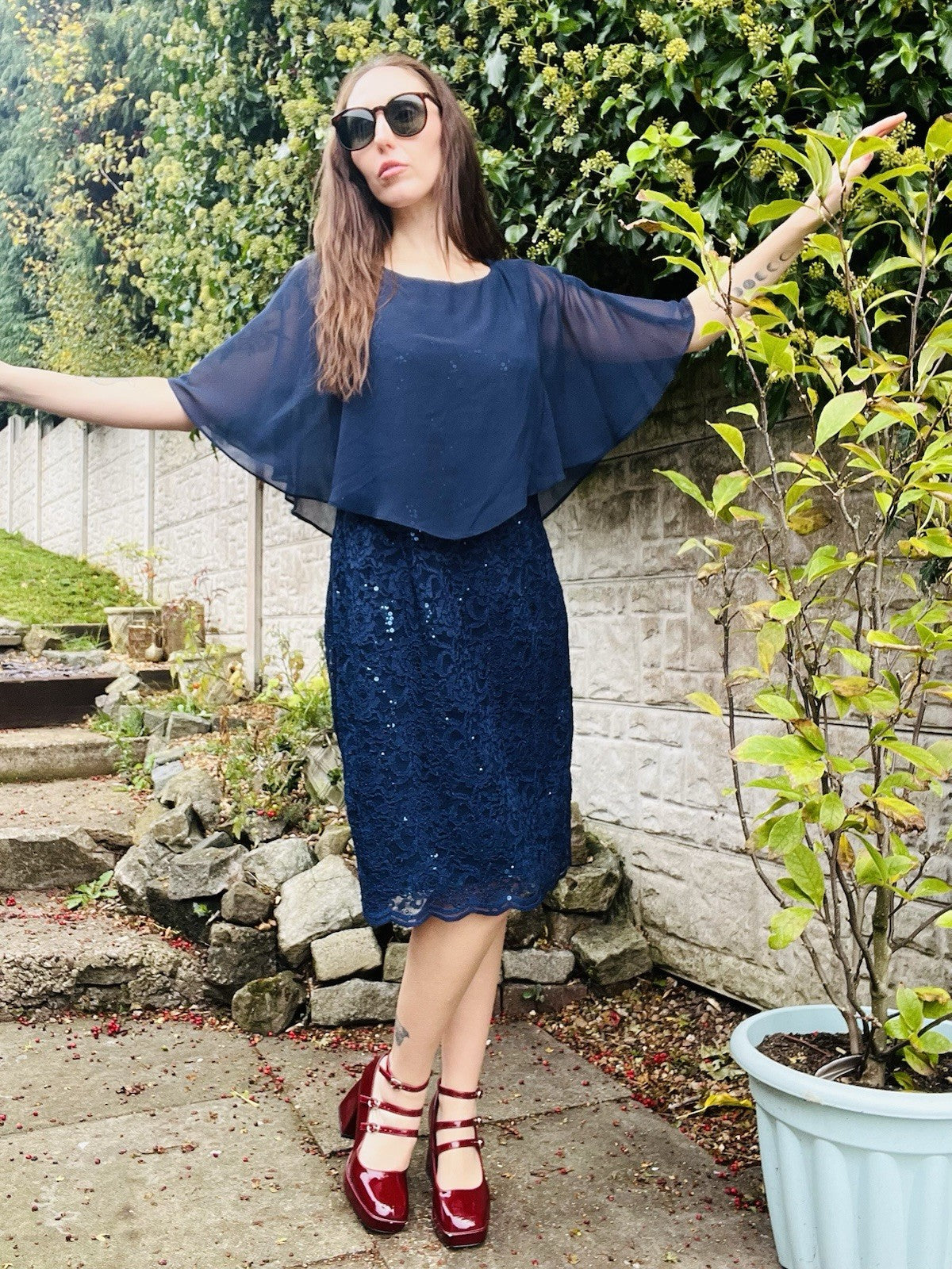 Vintage 1980s Cocktail Dress Blue Size 18 To 20 Retro Lace  80s With Sheer Cape