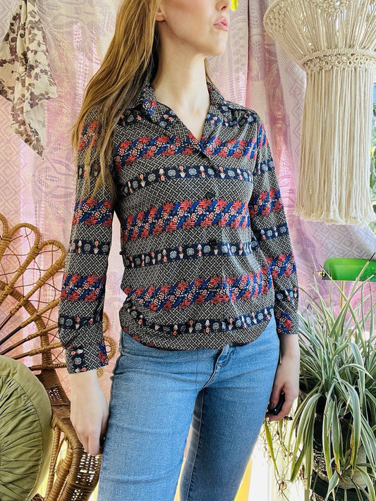 Vintage Blouse Bold Retro Print Collared Shirt Casual Or Formal Office Workwear