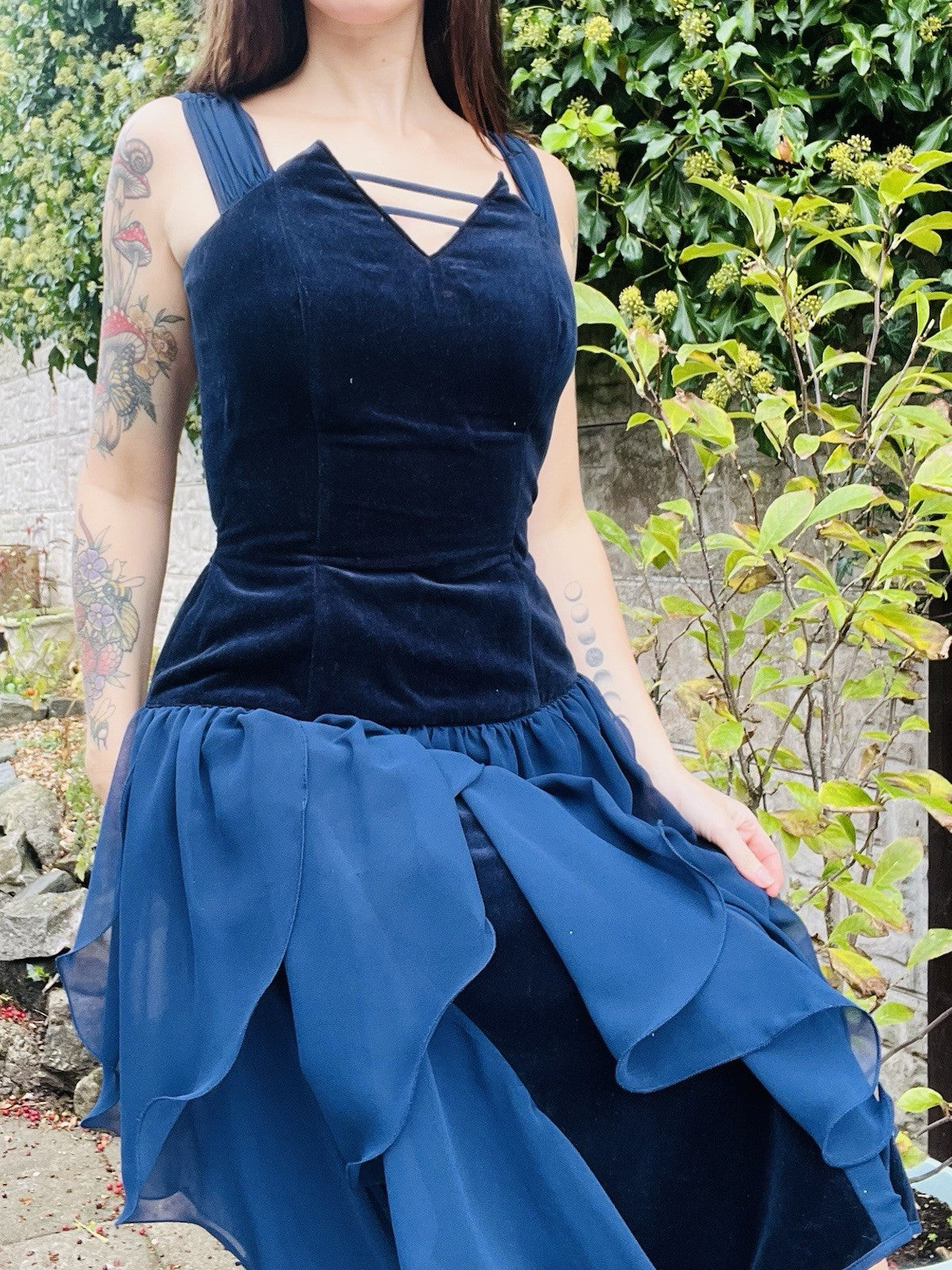 Vintage 80s Party Dress Blue Size 10 Whimsigoth Fairycore Velvet Layered Dress