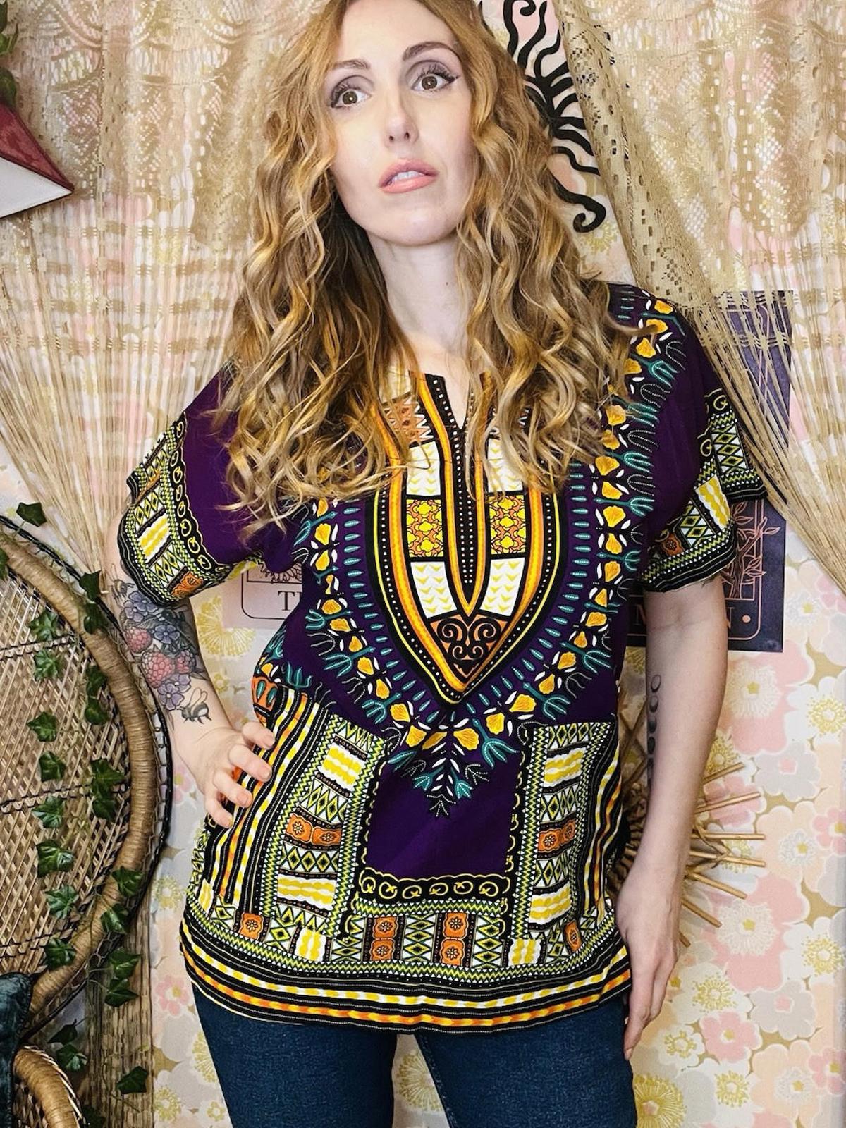 African Dashiki Boho Top 100% Cotton Summer T-shirt Blouse Abstract Print L