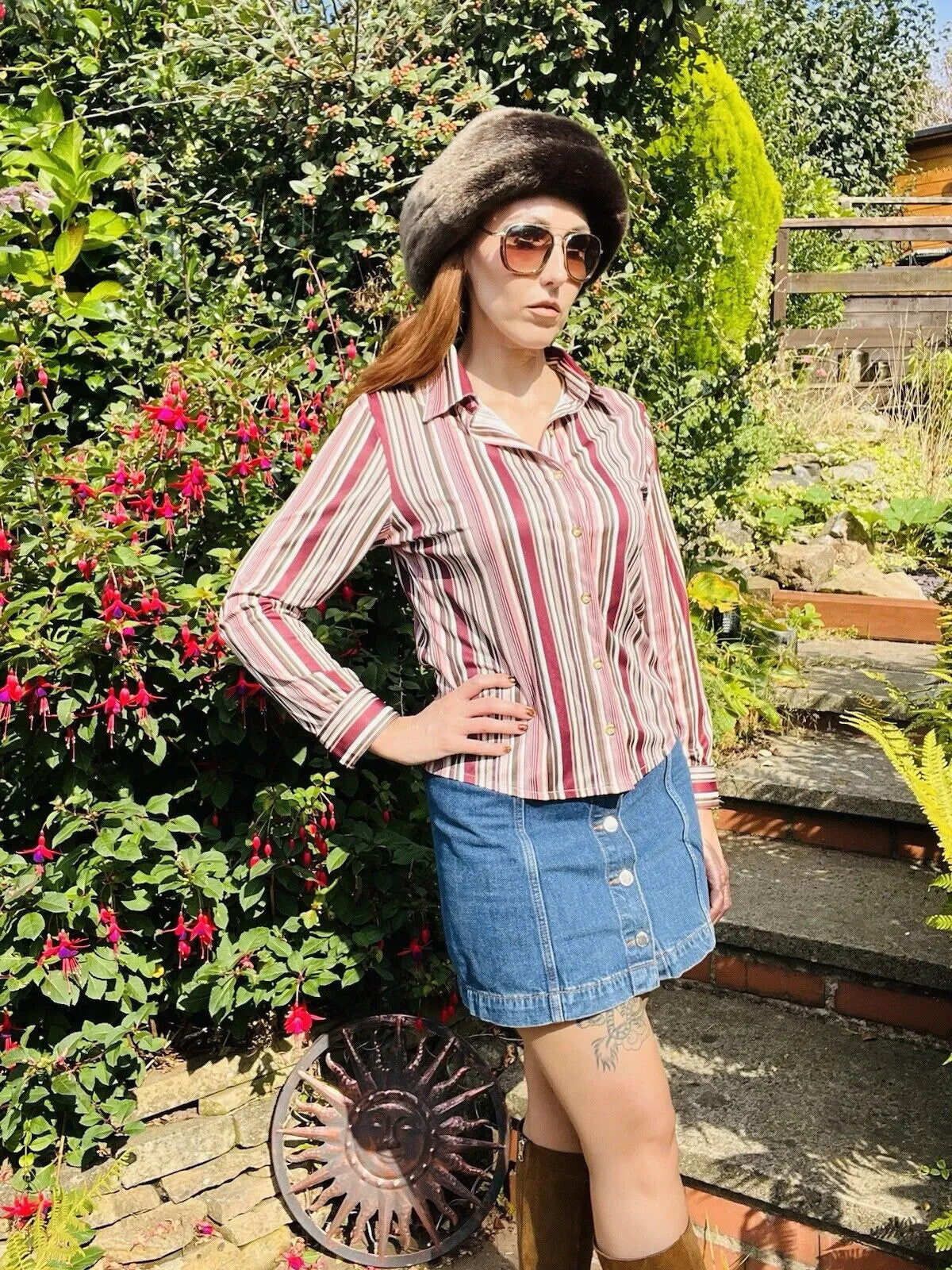 vintage striped shirt Size 10 12 Striped retro blouse by Areacode Pink Purple