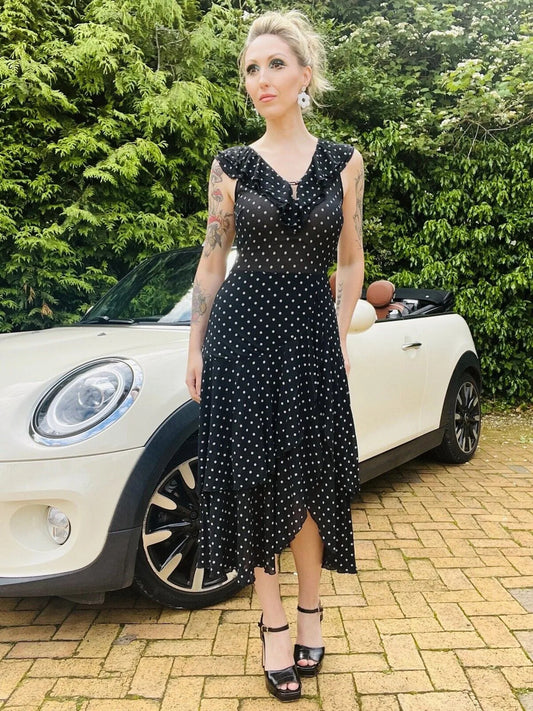 1980s polkadot cocktail dress Black Size 10 M True Vintage frilly layered midi