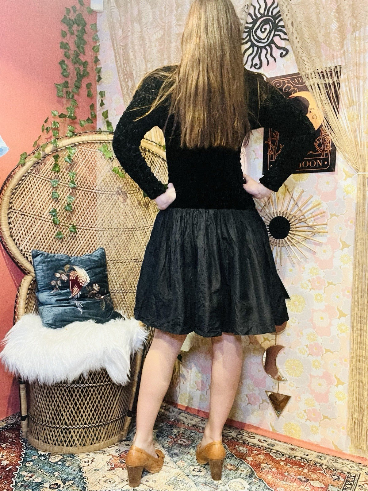 Vintage 80s Party Dress Black Size 10 Long Sleeves High Neck Velvet Retro 1980s