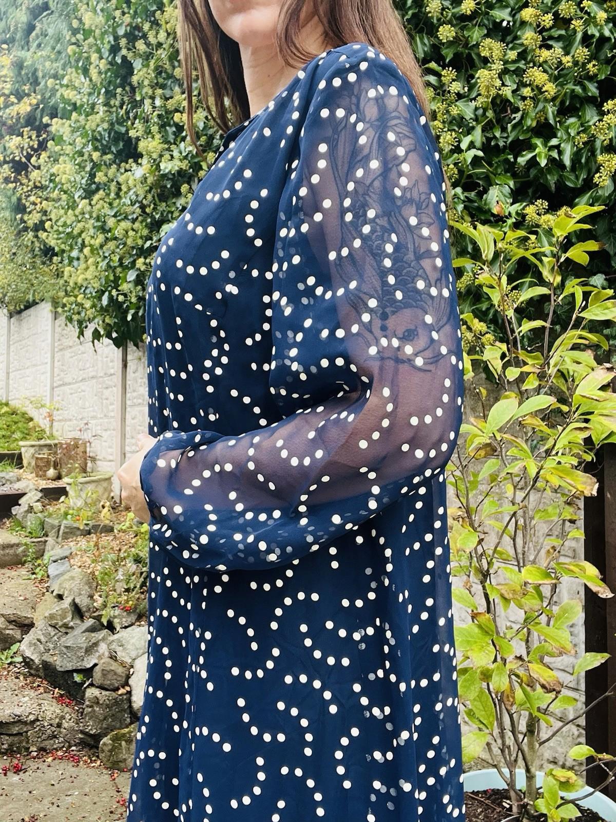 Vintage 1980s Polkadot Dress Blue Size 18 Retro 1980s Dress Sheer long Sleeves