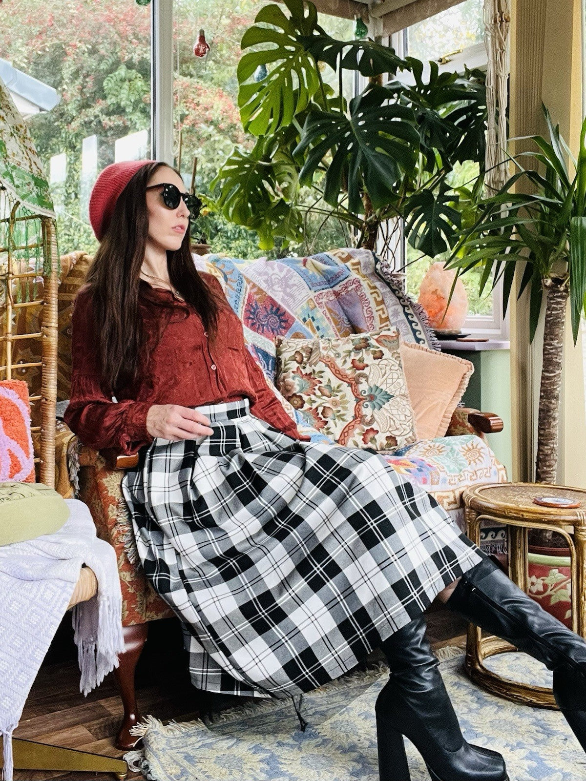 Vintage 1980s Plaid Skirt, Pleated Check Tartan Kilt Style Skirt Black White 14