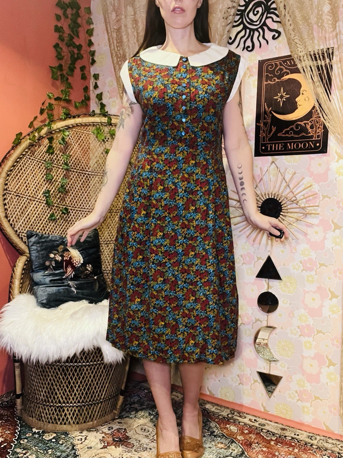 Vintage 70s Day Dress Size 16 Retro 1970s Ditsy Floral Collared Dress