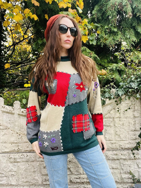 Vintage 90s Knit Jumper size 10 By Fabrizio Patchwork Cottagecore Whimsy Sweater