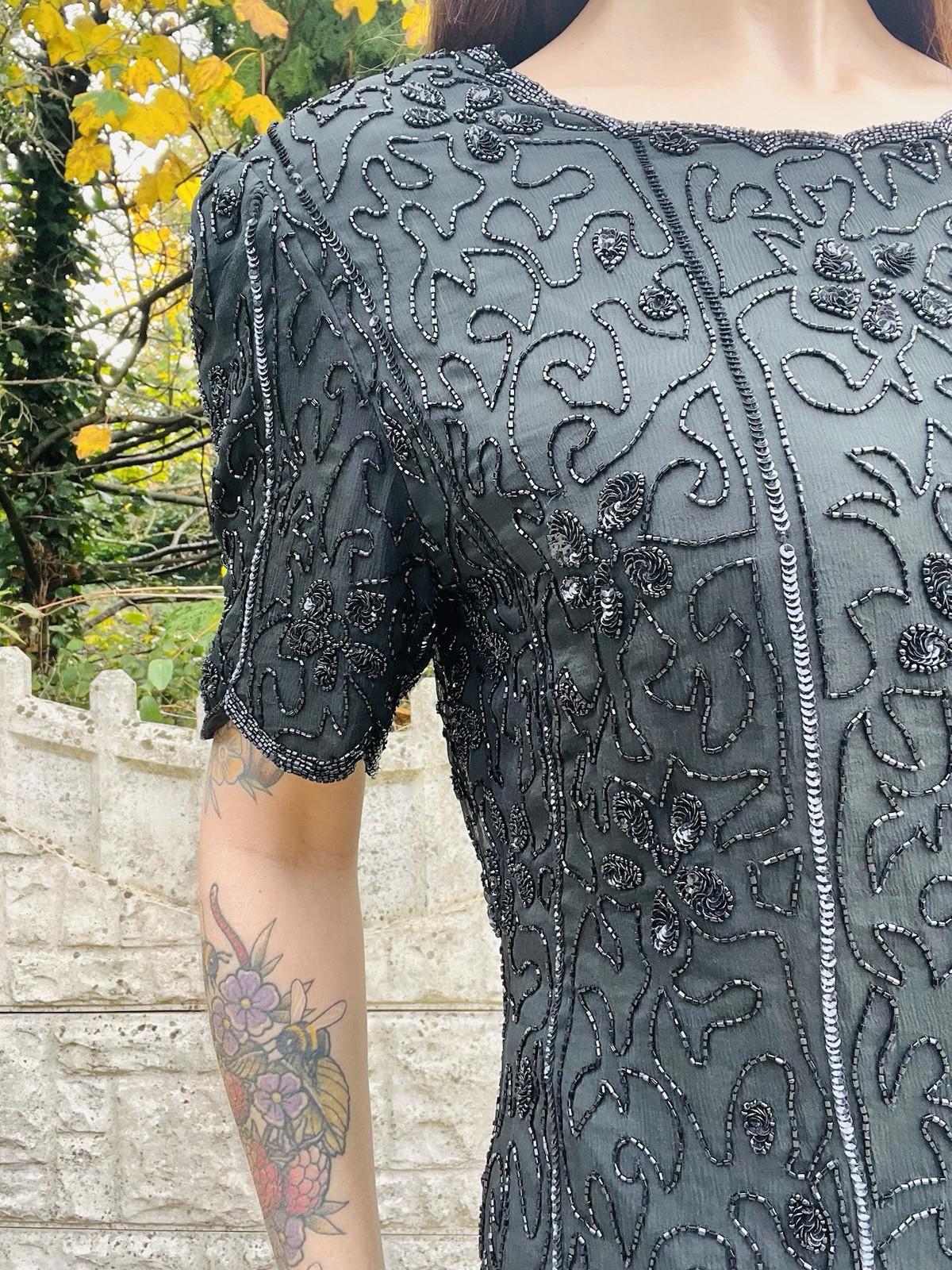 Vintage 1980s Beaded Top Size 14 Black Silk Embellished Sparkly Going Out Blouse