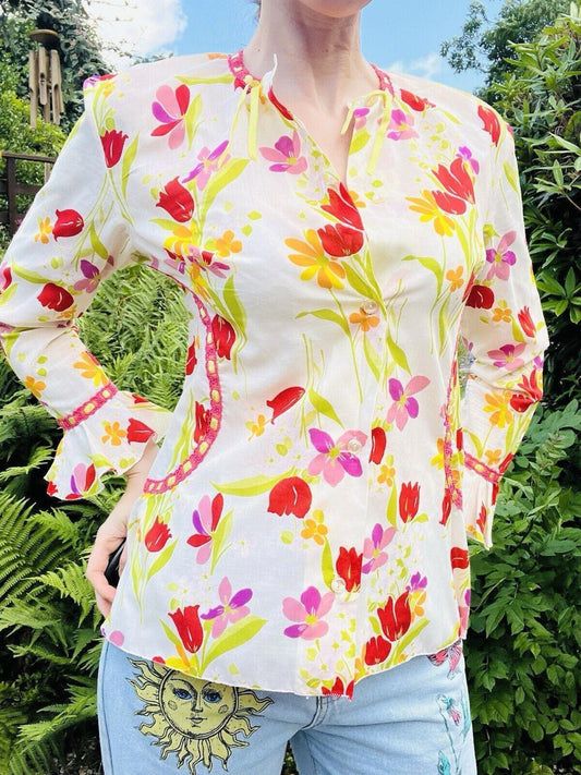 Vintage Floral Cottagecore Blouse By Trevira Long Sleaves With Lace Ribbon 10
