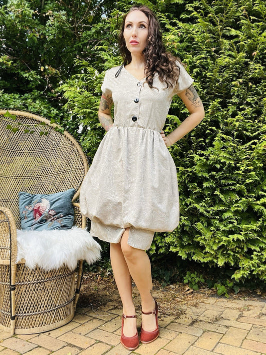 Vintage 1980s Party Dress With Puff Ball Skirt And Button Front - Beige Size 10