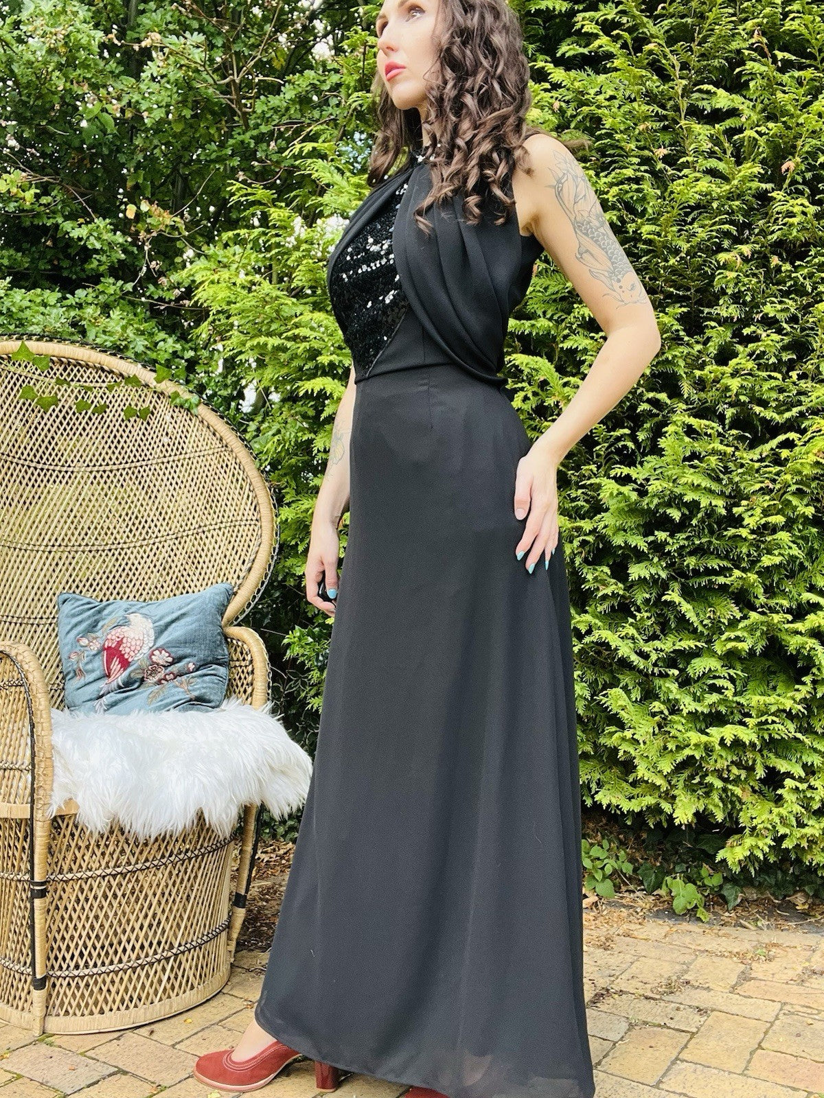 Vintage 1990s Cocktail Dress Long Cinched Waist With High Neck Sequins Black 14