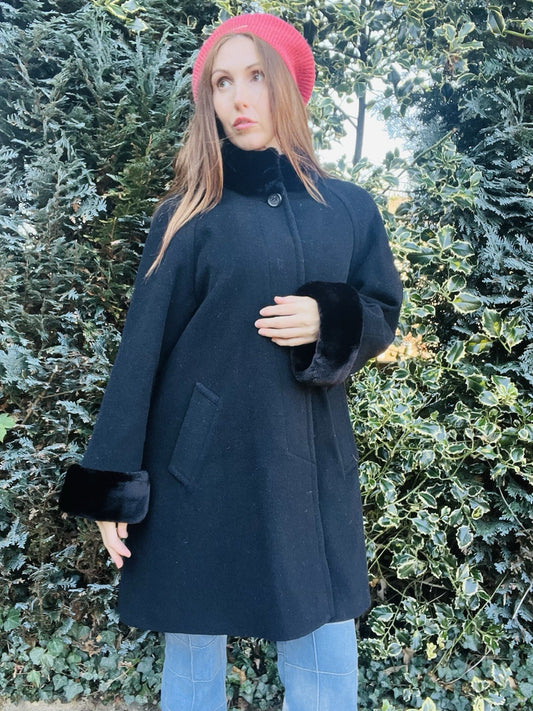 Vintage 1980s Coat Cashmere Blend By Hamells Black With Faux Fur Trim Size 12