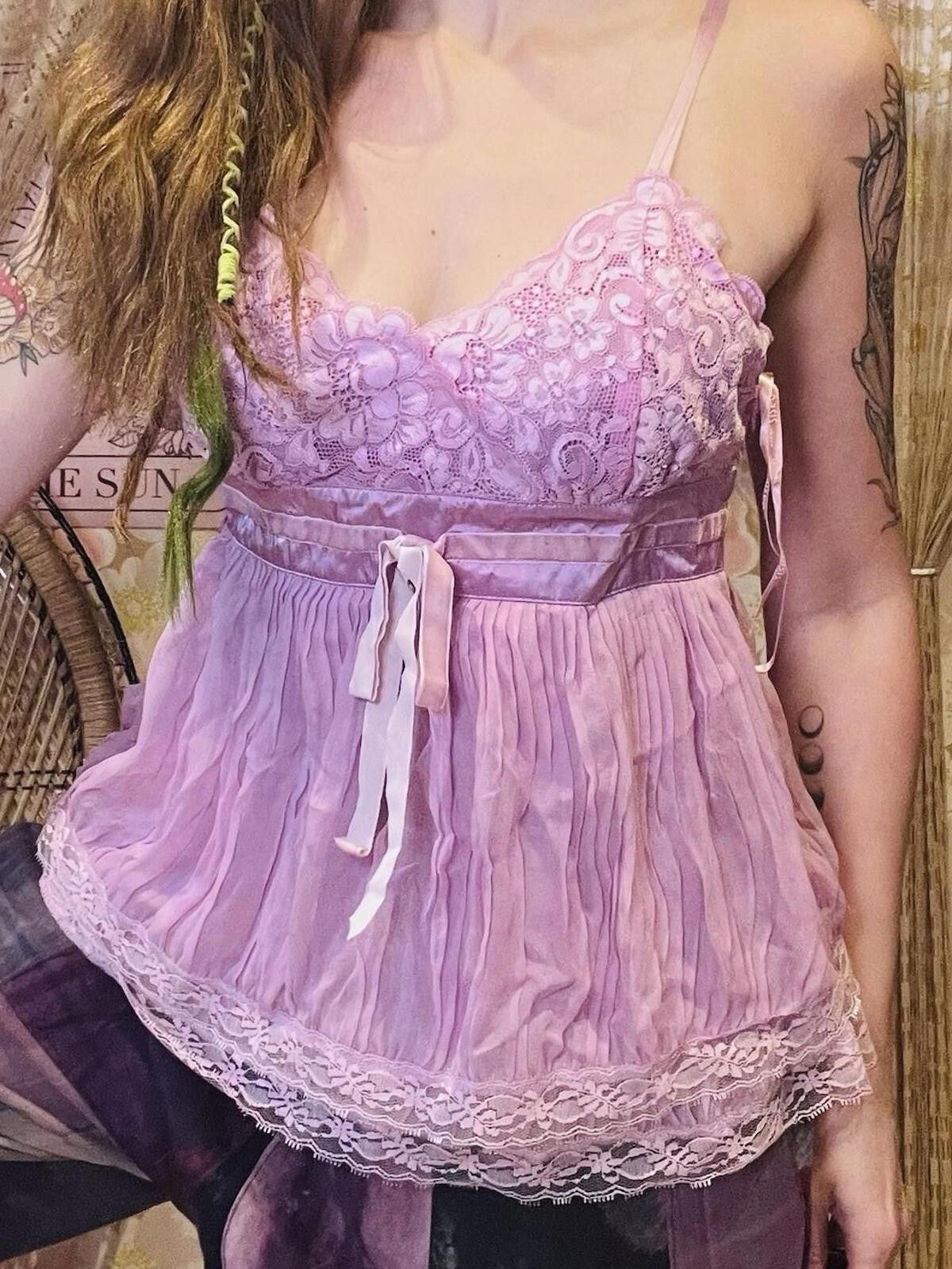 Vintage Y2K Cami Top Oasis 100% Silk Coquette Frilly Lace Summer Festival 10 12