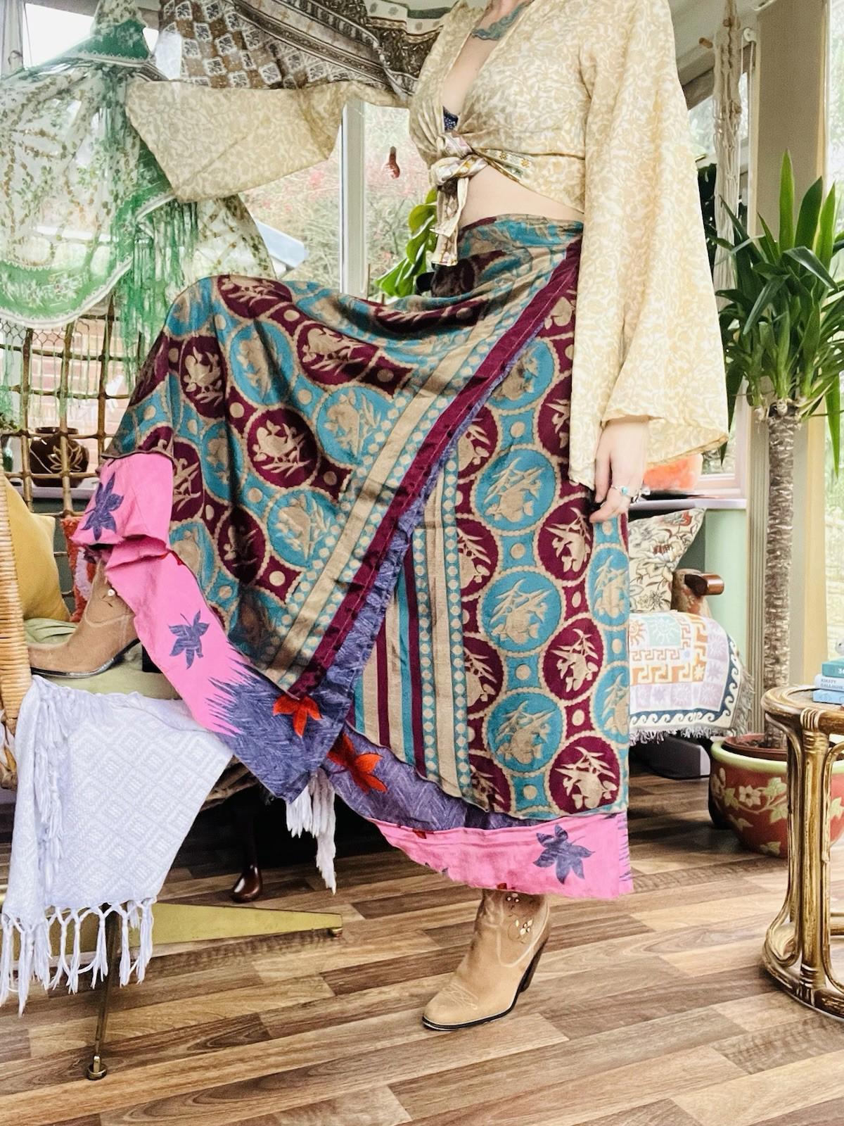 Layered Hippie Maxi Skirt Vintage Sari Silk Hippie Boho Long Gypsy Wrap Skirt