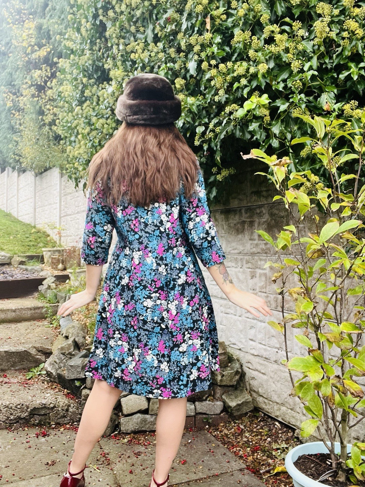 Vintgae 1960s Floral Dress Blue Size 16 Ditsy Retro Boho Casual Tea Dress