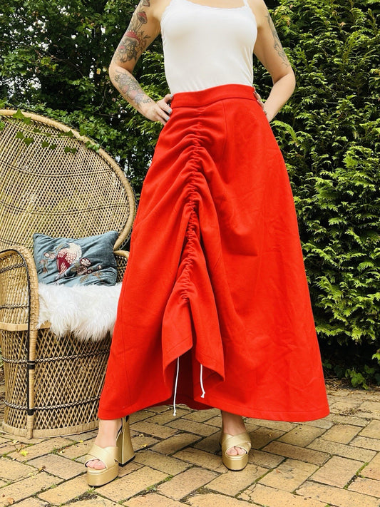 Vintage 1960s Maxi Skirt High Waist Long Skirt With Draw String Ruffle Red 12