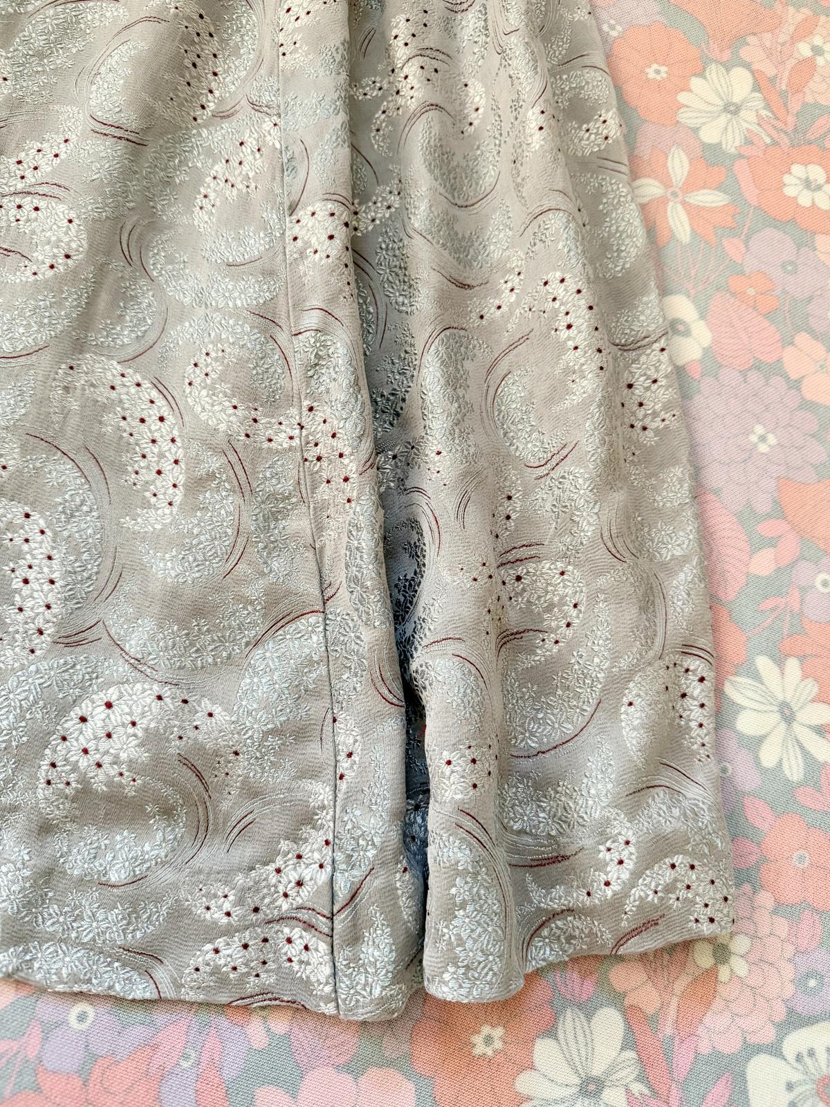 Vintage 1950s Silk Dress Grey Embroidered Dress with Bow Detail Size 8 to 10