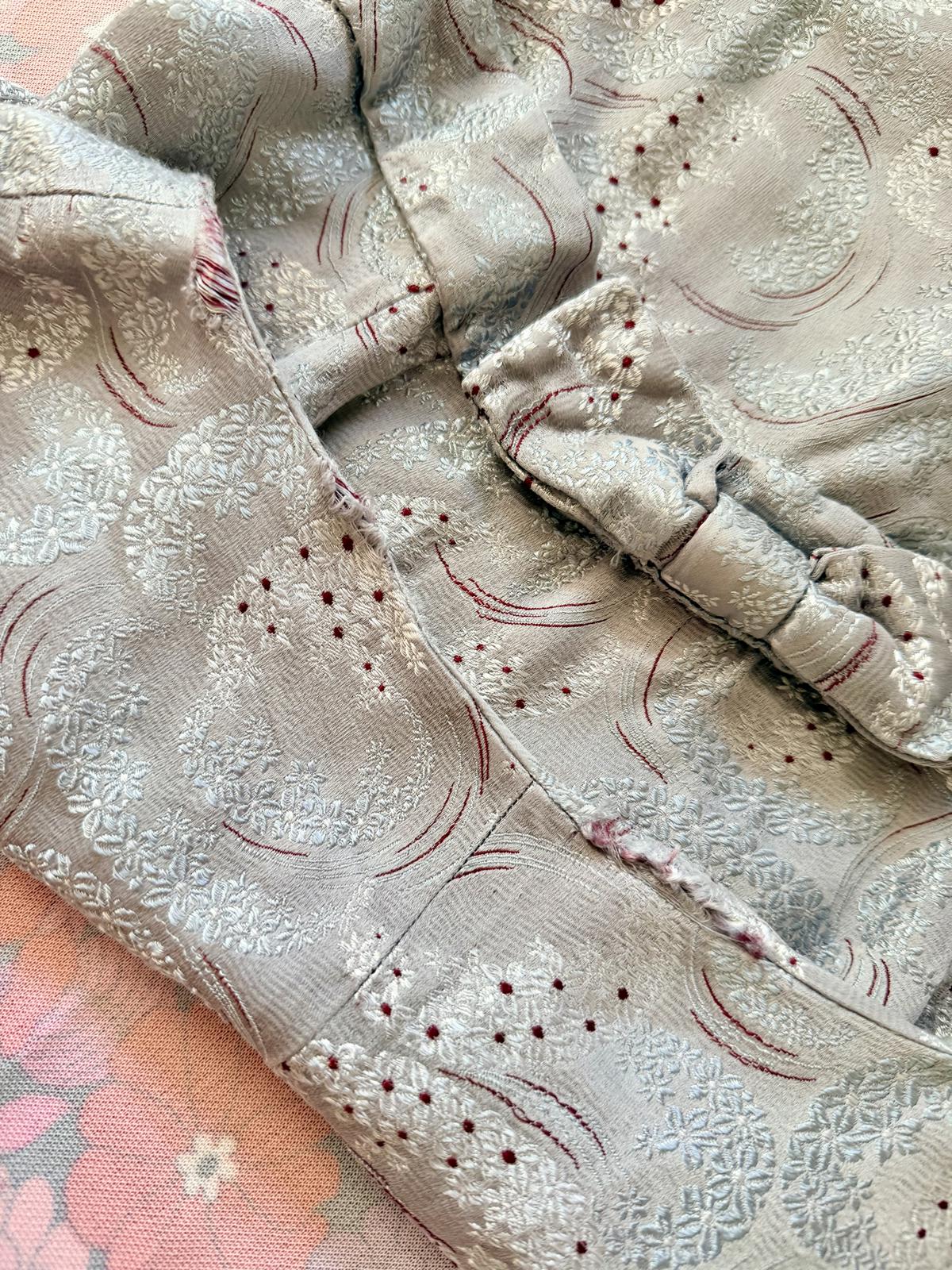 Vintage 1950s Silk Dress Grey Embroidered Dress with Bow Detail Size 8 to 10