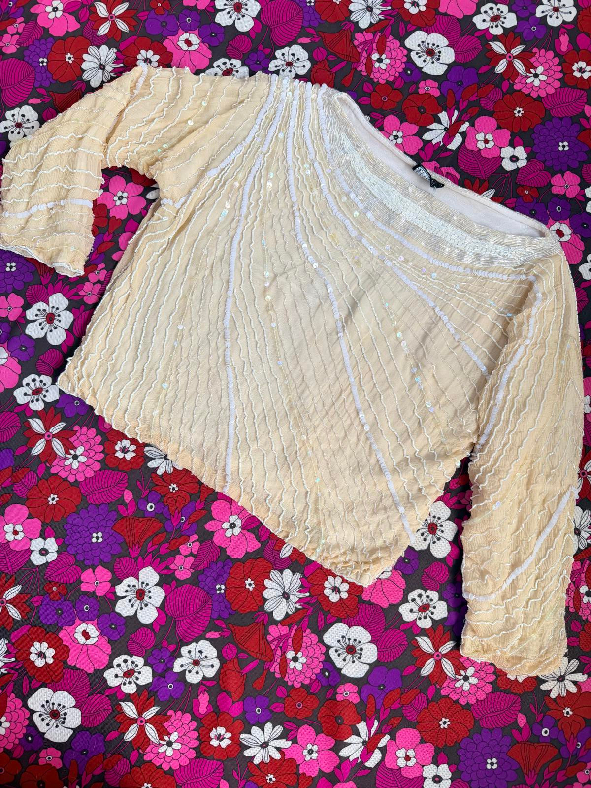 Vintage 1980s Beaded Top 100% Silk Beige Sequin Embellished 3/4 Sleeve Top 10 12