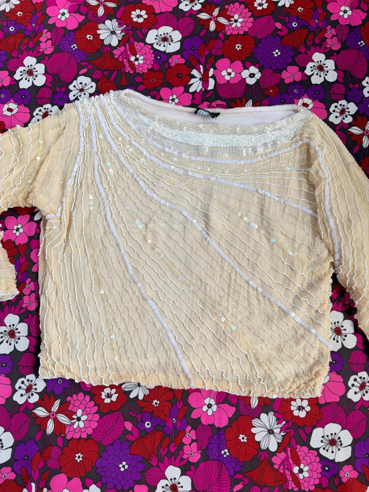 Vintage 1980s Beaded Top 100% Silk Beige Sequin Embellished 3/4 Sleeve Top 10 12