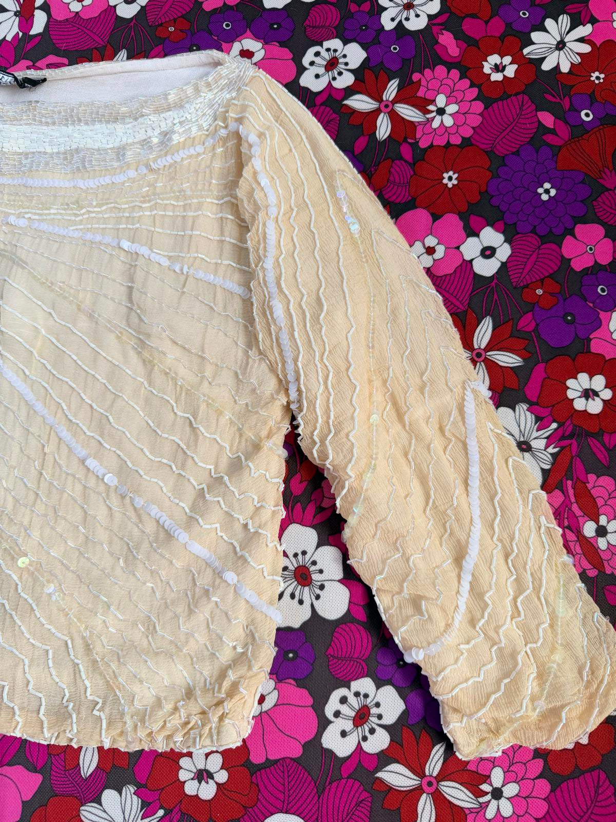Vintage 1980s Beaded Top 100% Silk Beige Sequin Embellished 3/4 Sleeve Top 10 12